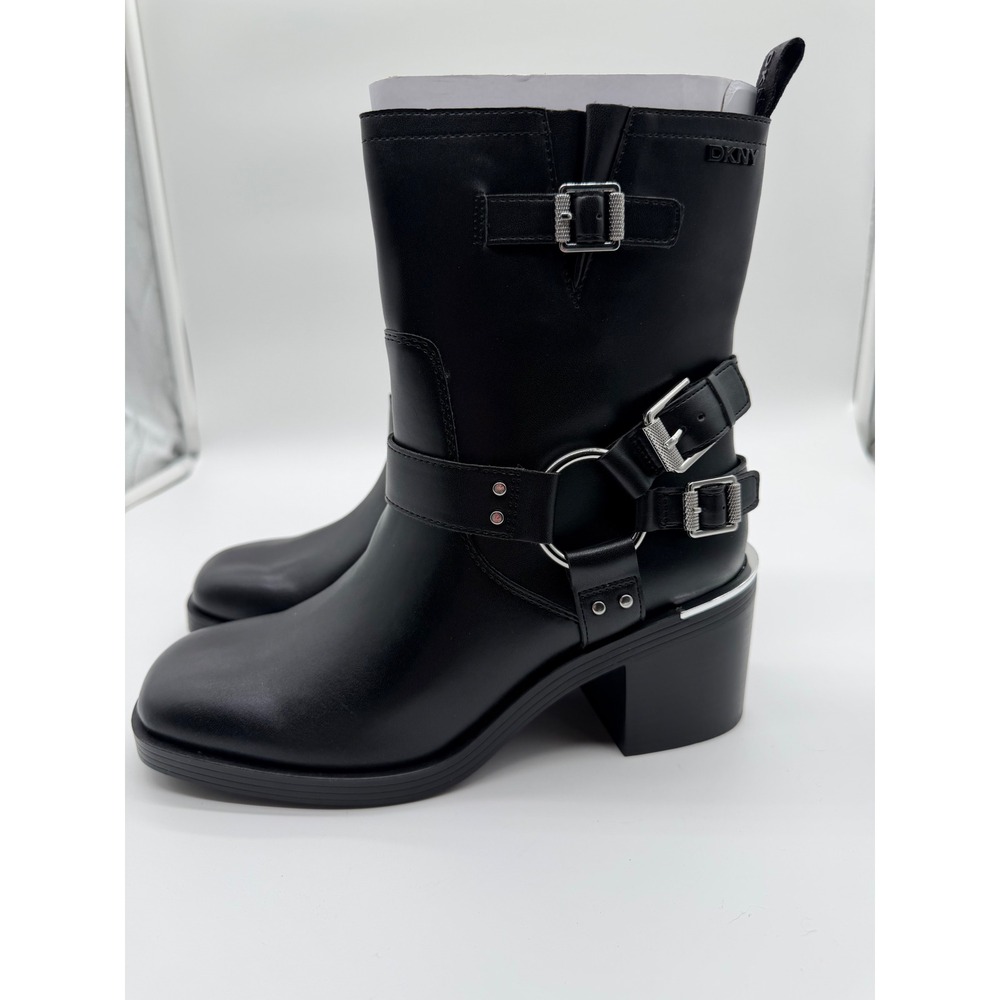 DKNY Nolan Harness Boots Black Leather Moto Buckle Block Heel Square Toe US 8
